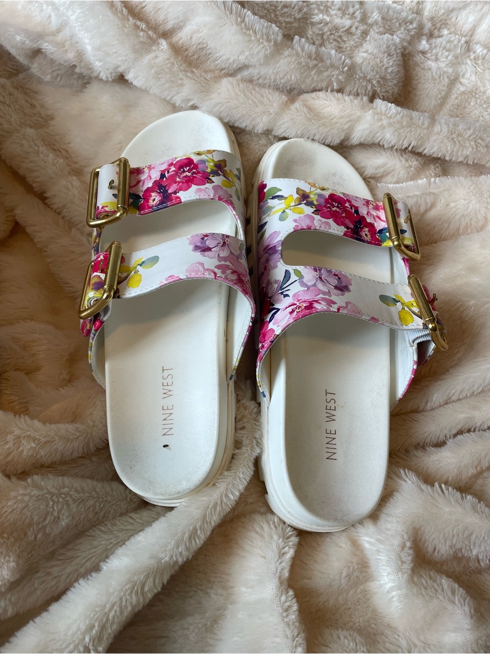 Nine West White Floral Double-Buckle Slide Sandals with Gold Buckles